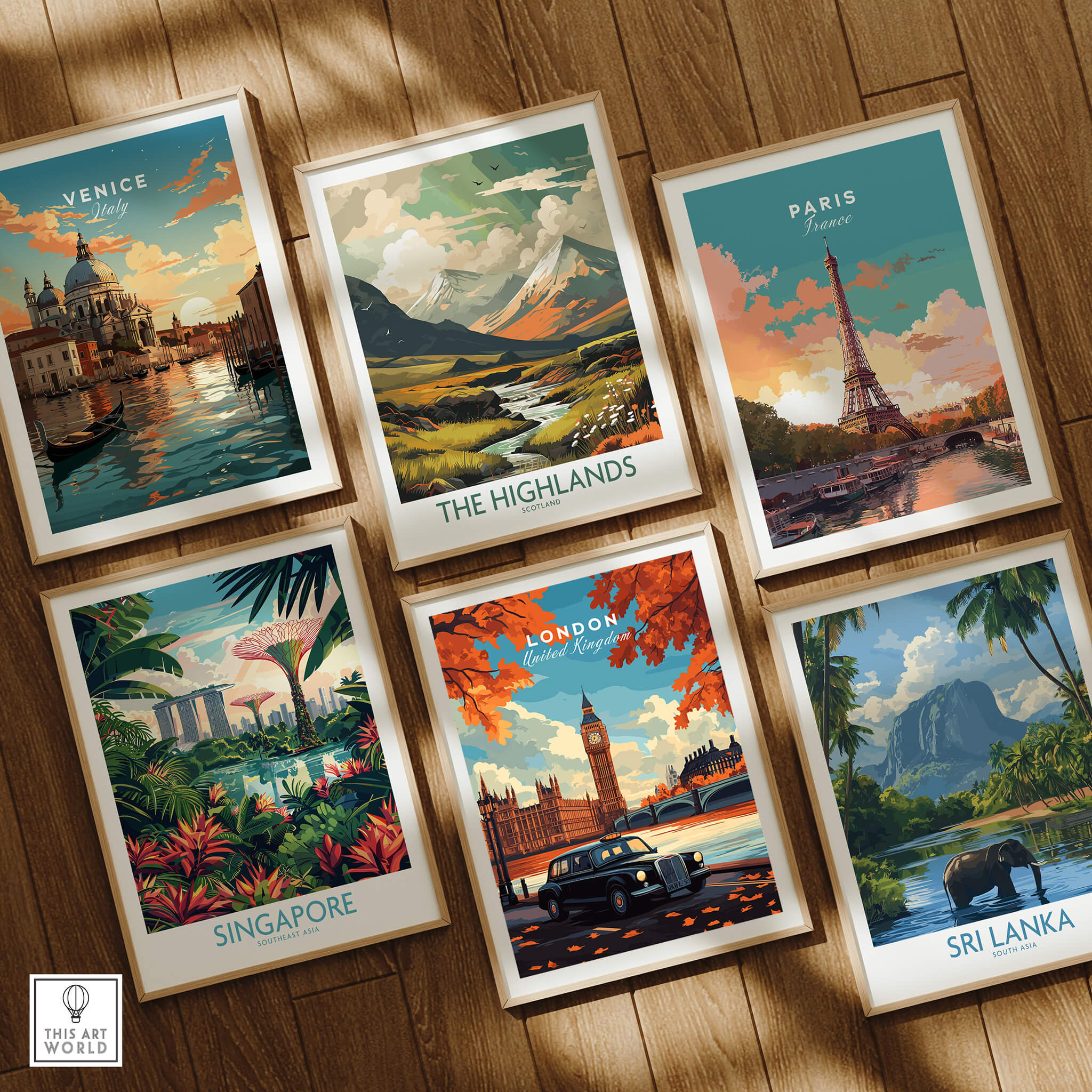 London Wall Art featuring iconic landmarks like Big Ben and a classic black cab in a stylish poster collection.