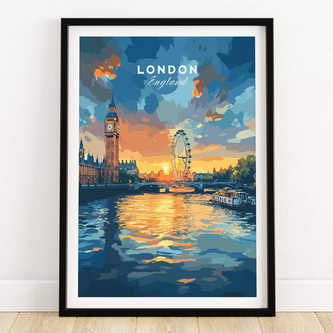 London Skyline Poster | Sunset Cityscape Wall Art Print featuring Big Ben, the London Eye, and a vibrant sunset over the Thames.