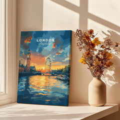 London Skyline Poster | Sunset Cityscape Wall Art Print featuring Big Ben and the London Eye over the Thames.