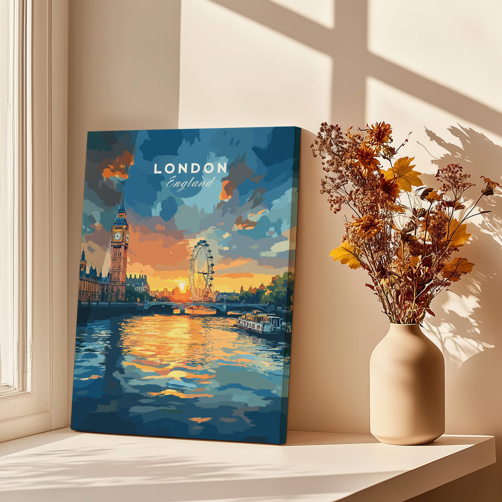 London Skyline Poster | Sunset Cityscape Wall Art Print featuring Big Ben and the London Eye over the Thames.