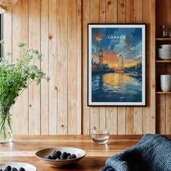 London Skyline Poster | Sunset Cityscape Wall Art Print featuring the Thames, Big Ben, and the London Eye at sunset.