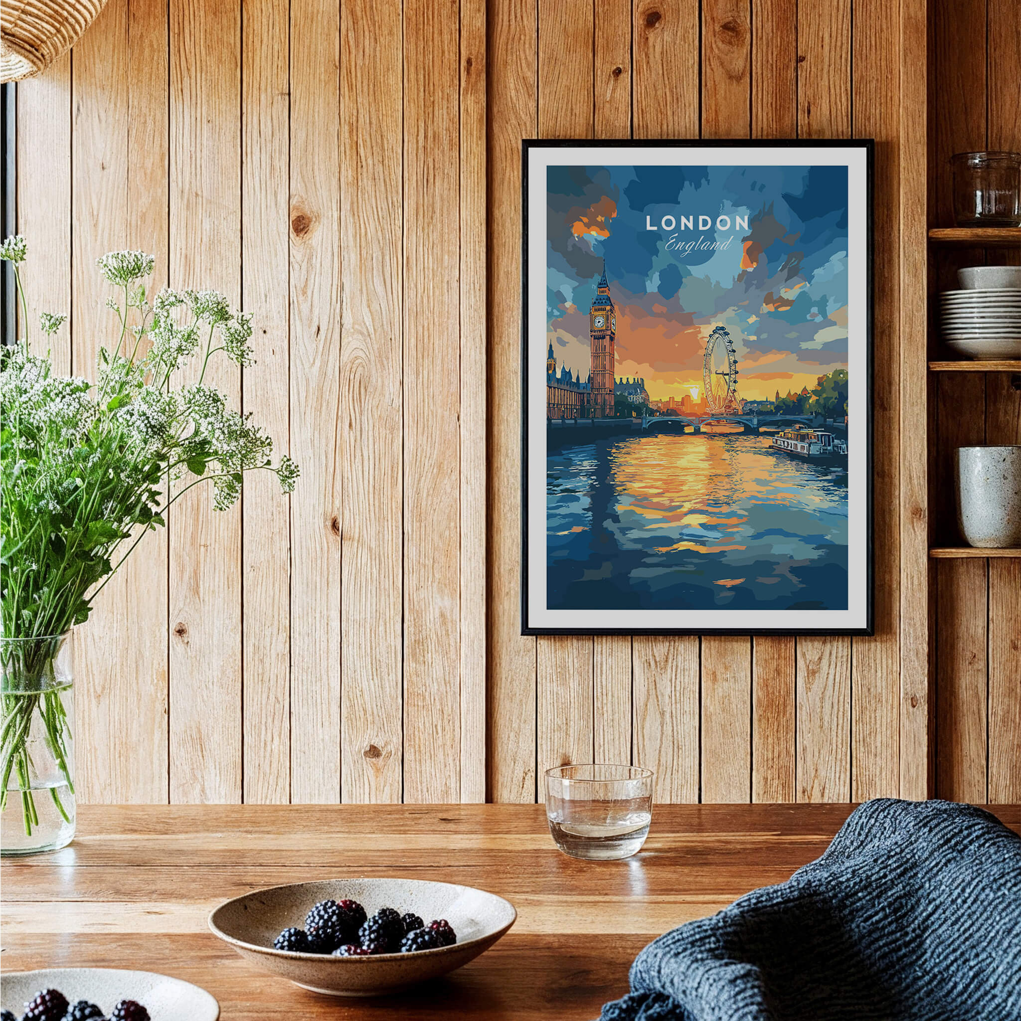 London Skyline Poster | Sunset Cityscape Wall Art Print featuring the Thames, Big Ben, and the London Eye at sunset.