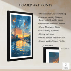 London Skyline Poster | Sunset Cityscape Wall Art Print showcasing framed art with Big Ben and London Eye.