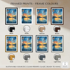 London Skyline Poster | Sunset Cityscape Wall Art Print framed in various colors including black, white, natural, brown, gold, silver, dark grey, and light grey.