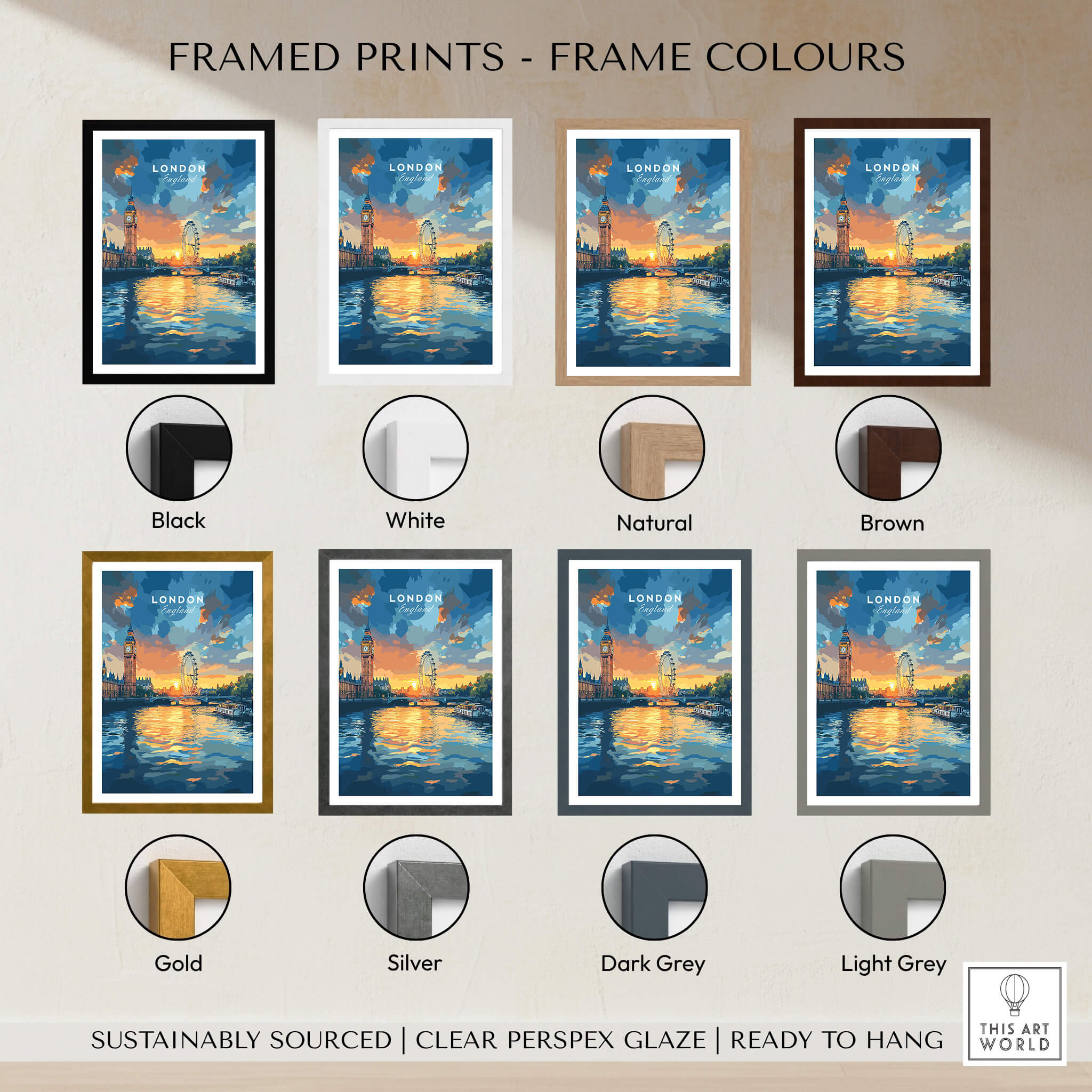 London Skyline Poster | Sunset Cityscape Wall Art Print framed in various colors including black, white, natural, brown, gold, silver, dark grey, and light grey.