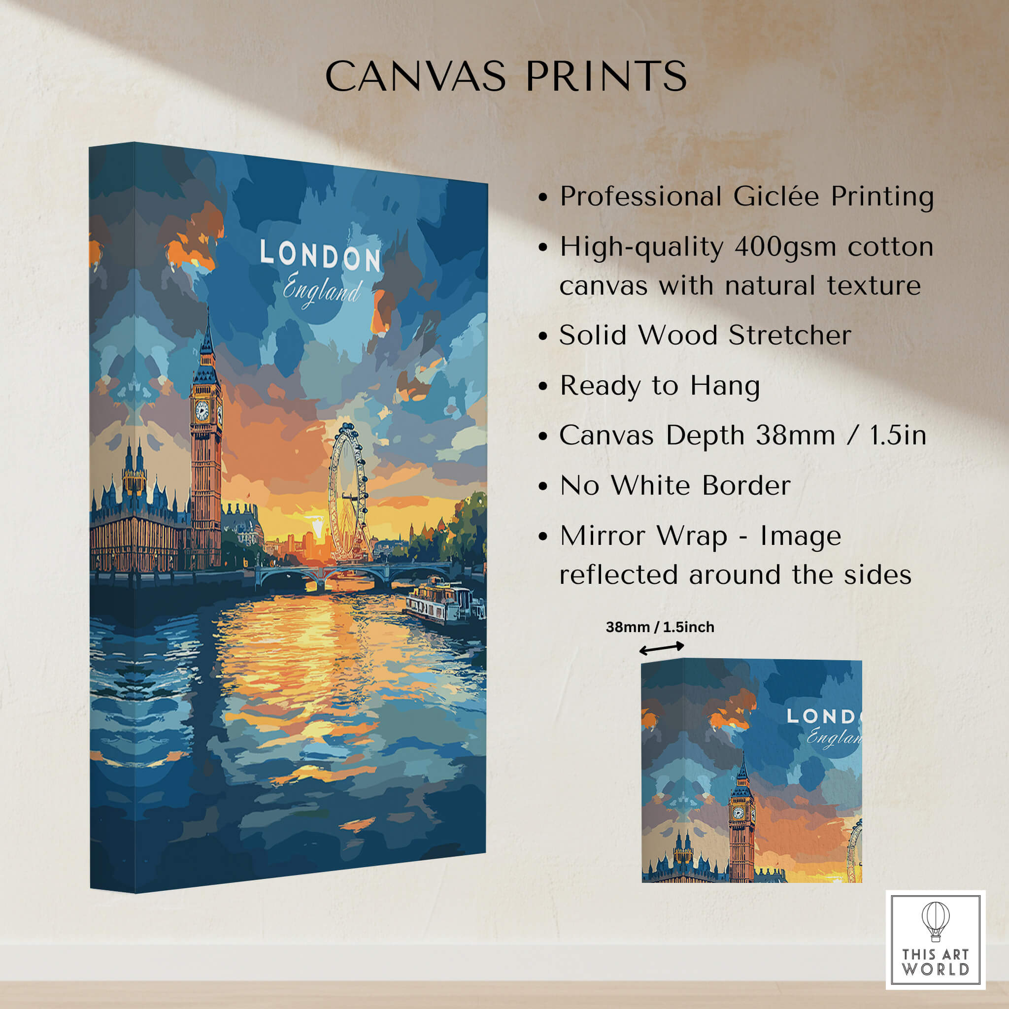 London Skyline Poster | Sunset Cityscape Wall Art Print featuring Big Ben and London Eye in vibrant colors.