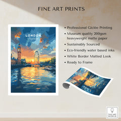 London Skyline Poster | Sunset Cityscape Wall Art Print featuring Big Ben and the London Eye with sunset reflection.