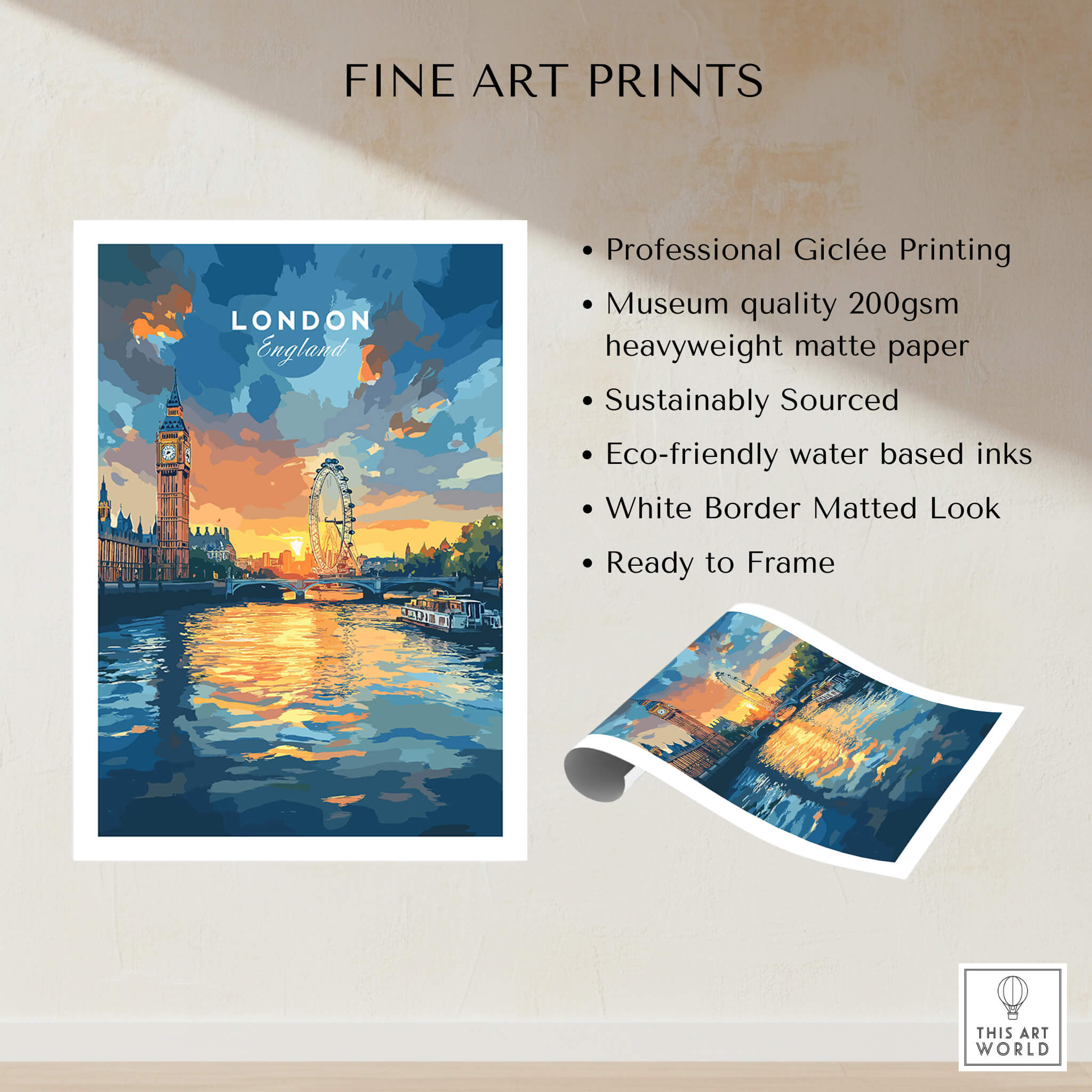 London Skyline Poster | Sunset Cityscape Wall Art Print featuring Big Ben and the London Eye with sunset reflection.