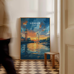 London Skyline Poster | Sunset Cityscape Wall Art Print featuring Big Ben and the London Eye at sunset.