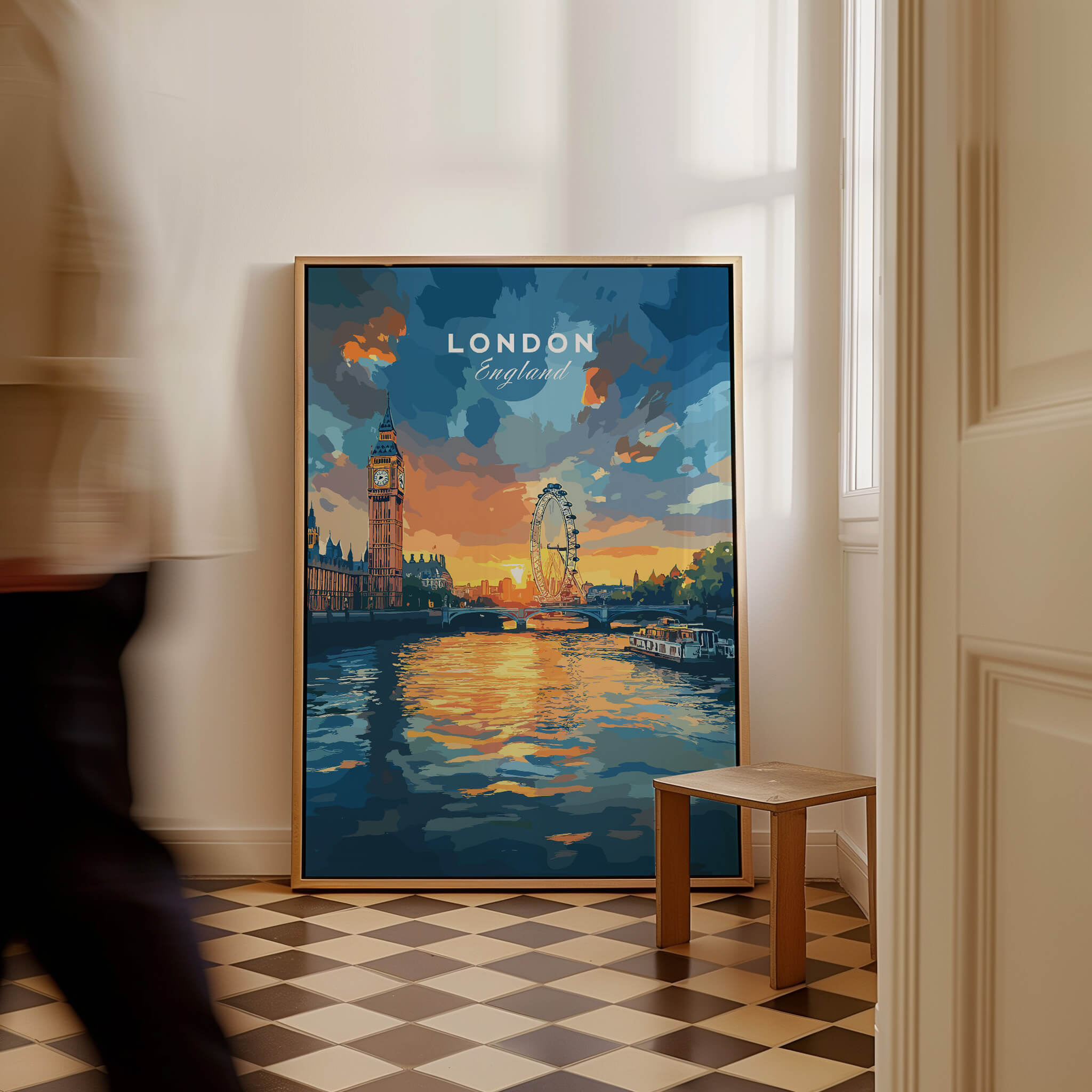 London Skyline Poster | Sunset Cityscape Wall Art Print featuring Big Ben and the London Eye at sunset.