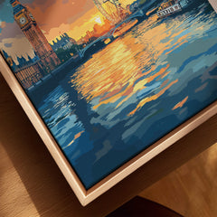 London Skyline Poster | Sunset Cityscape Wall Art Print featuring Big Ben and the Thames at sunset.