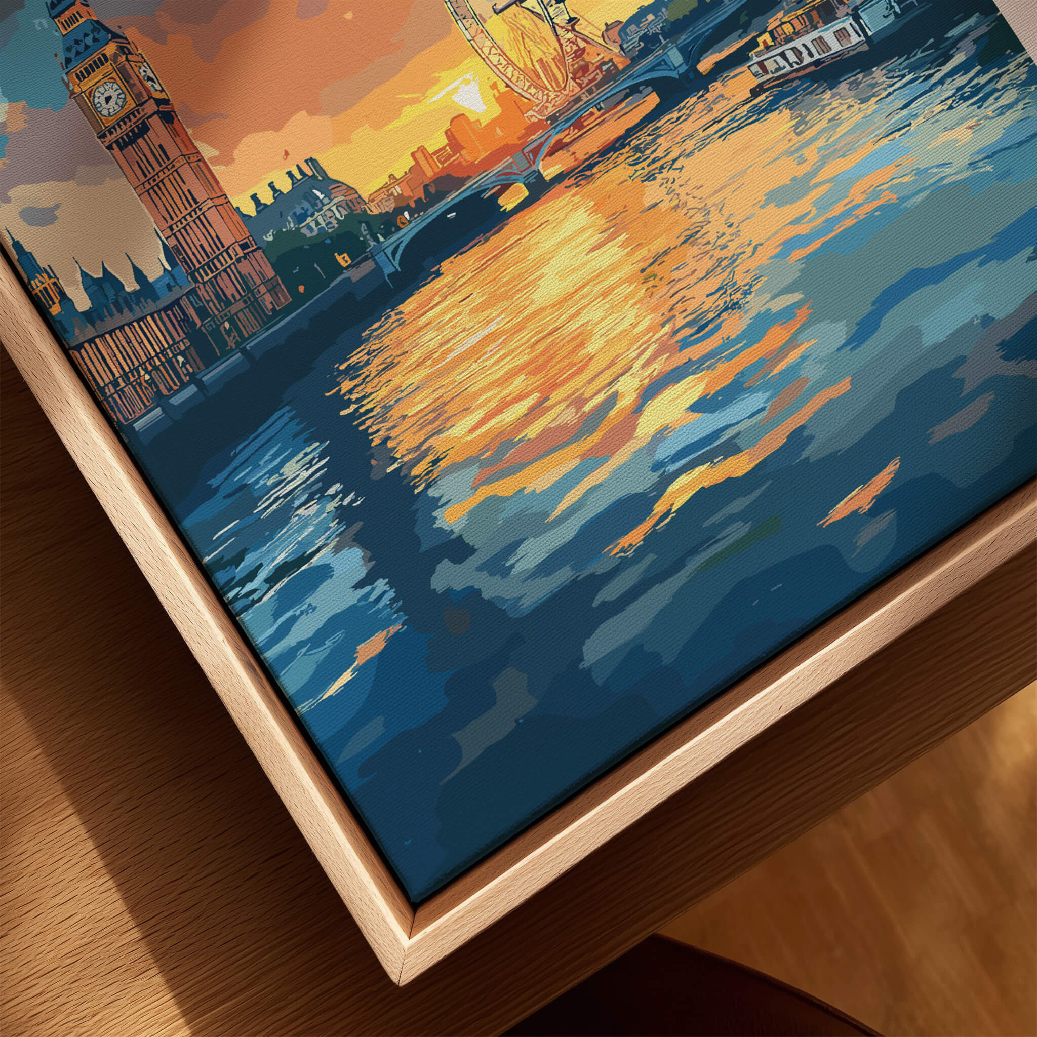 London Skyline Poster | Sunset Cityscape Wall Art Print featuring Big Ben and the Thames at sunset.