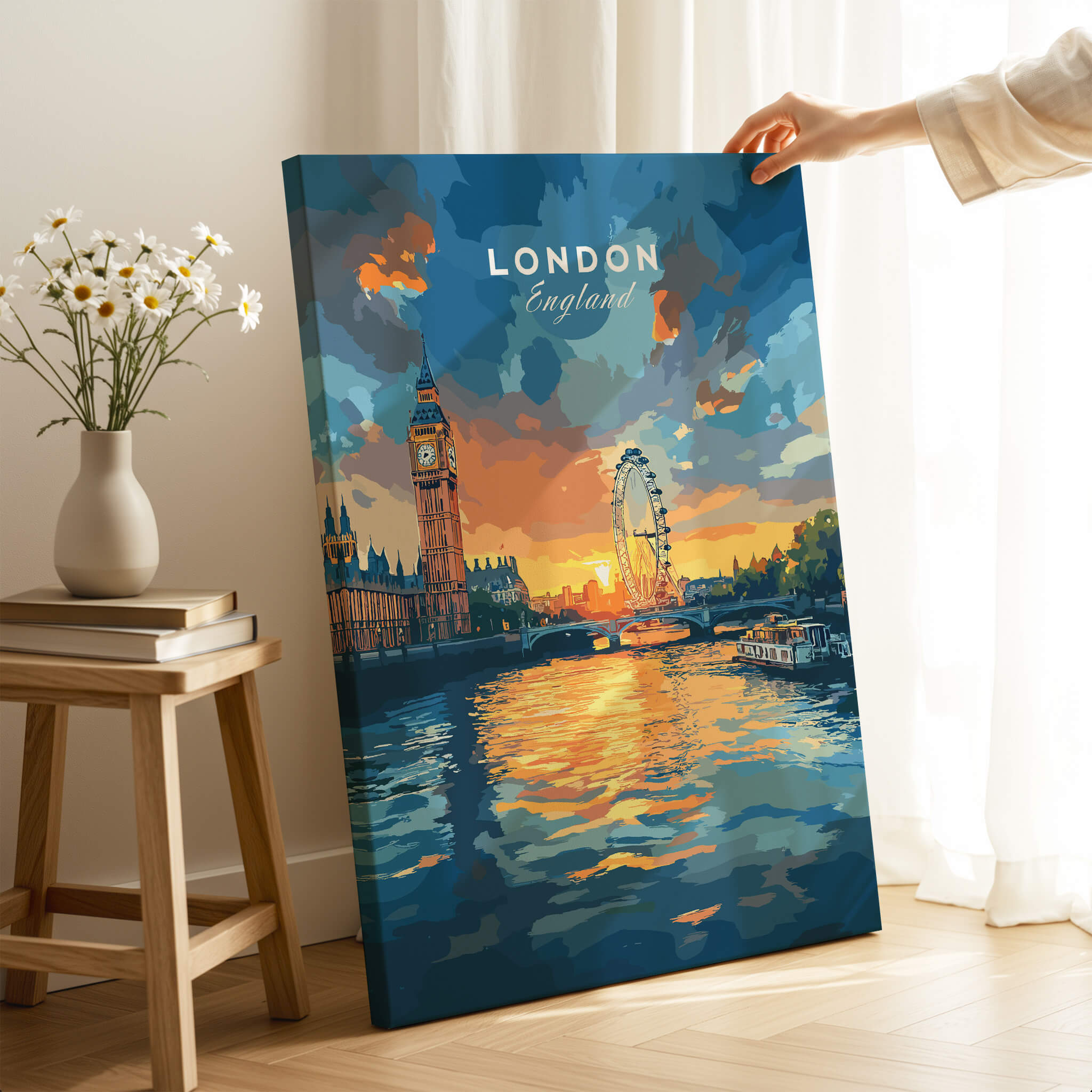 London Skyline Poster | Sunset Cityscape Wall Art Print featuring Big Ben and the London Eye at sunset.