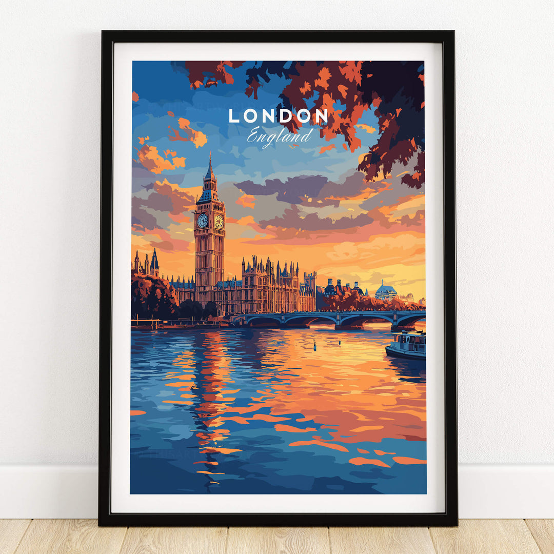 Big Ben London Art Print | Westminster Palace Poster depicting a vibrant sunset over the Thames in London.