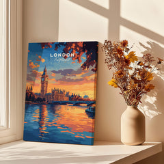 Big Ben London Art Print | Westminster Palace Poster featuring a colorful sunset over the Thames with Westminster Palace.