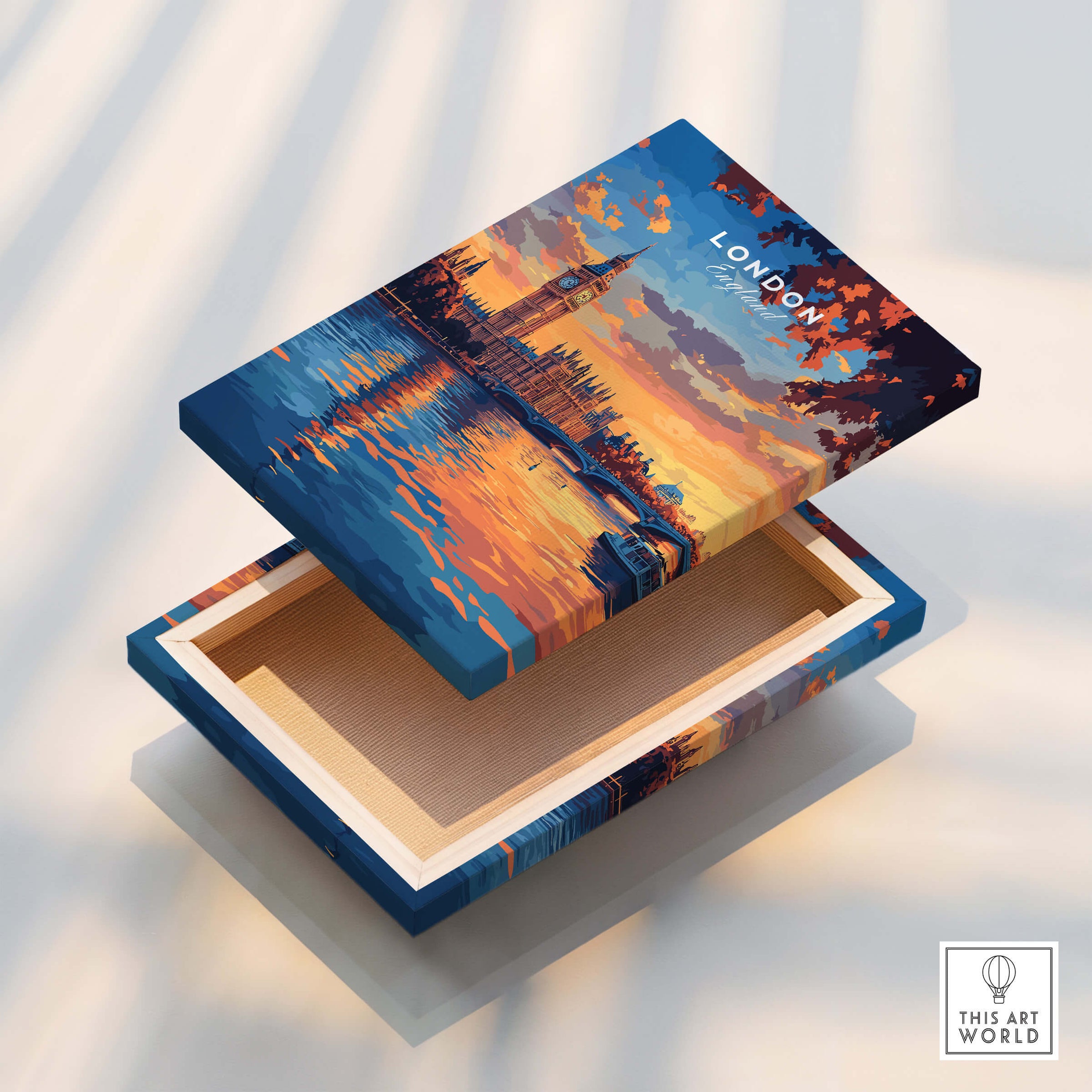 Big Ben London Art Print | Westminster Palace Poster on a decorative box with a sunset backdrop.