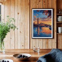 Big Ben London Art Print | Westminster Palace Poster displayed in a cozy dining area with wooden decor.