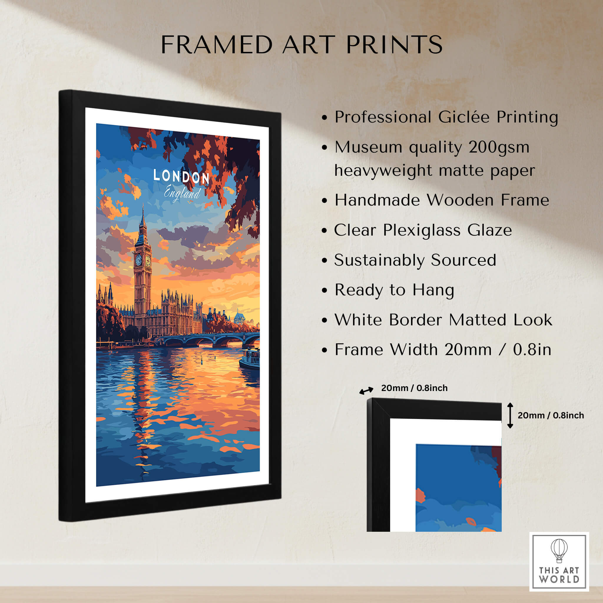 Big Ben London Art Print | Westminster Palace Poster framed art print with vibrant sunset colors and wooden frame.