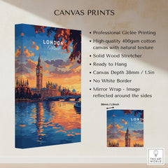 Big Ben London Art Print | Westminster Palace Poster with sunset over Thames River, perfect for home decor.