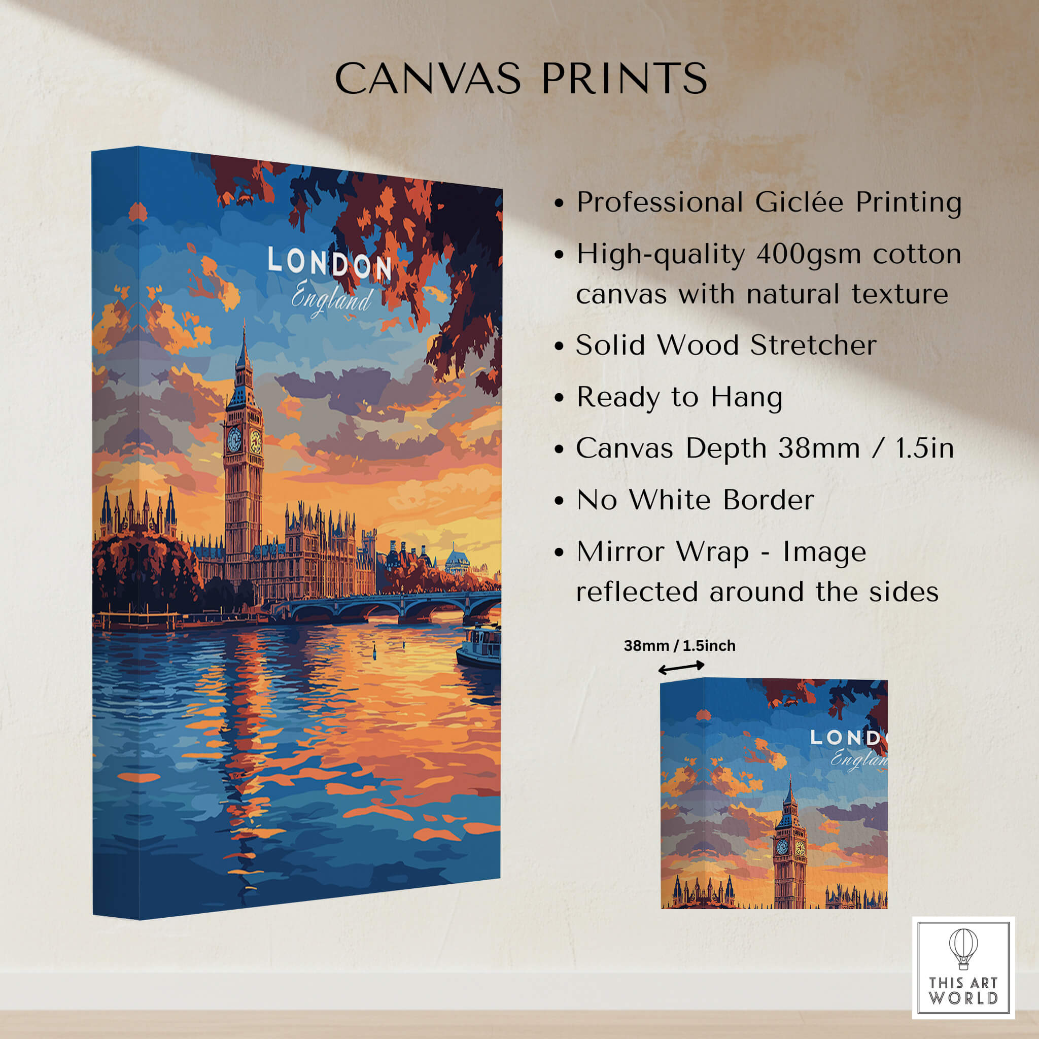 Big Ben London Art Print | Westminster Palace Poster with sunset over Thames River, perfect for home decor.