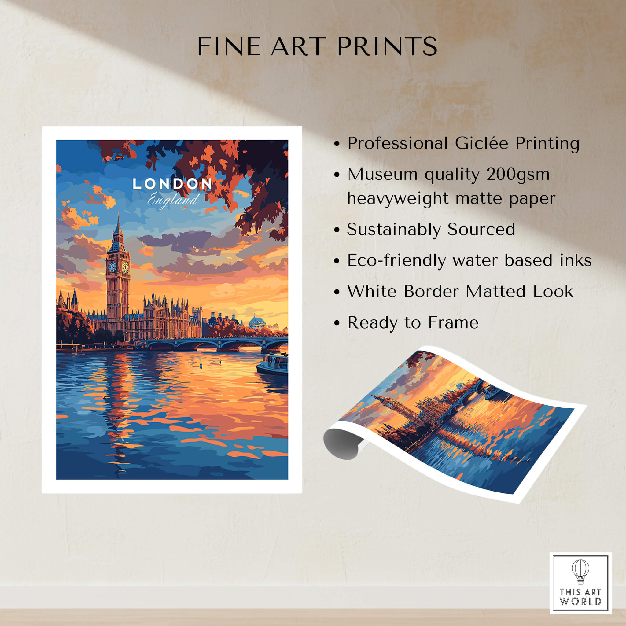 Big Ben London Art Print | Westminster Palace Poster showcasing London's skyline in vibrant colors.