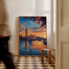 Big Ben London Art Print | Westminster Palace Poster in vibrant sunset hues, enhancing home decor.