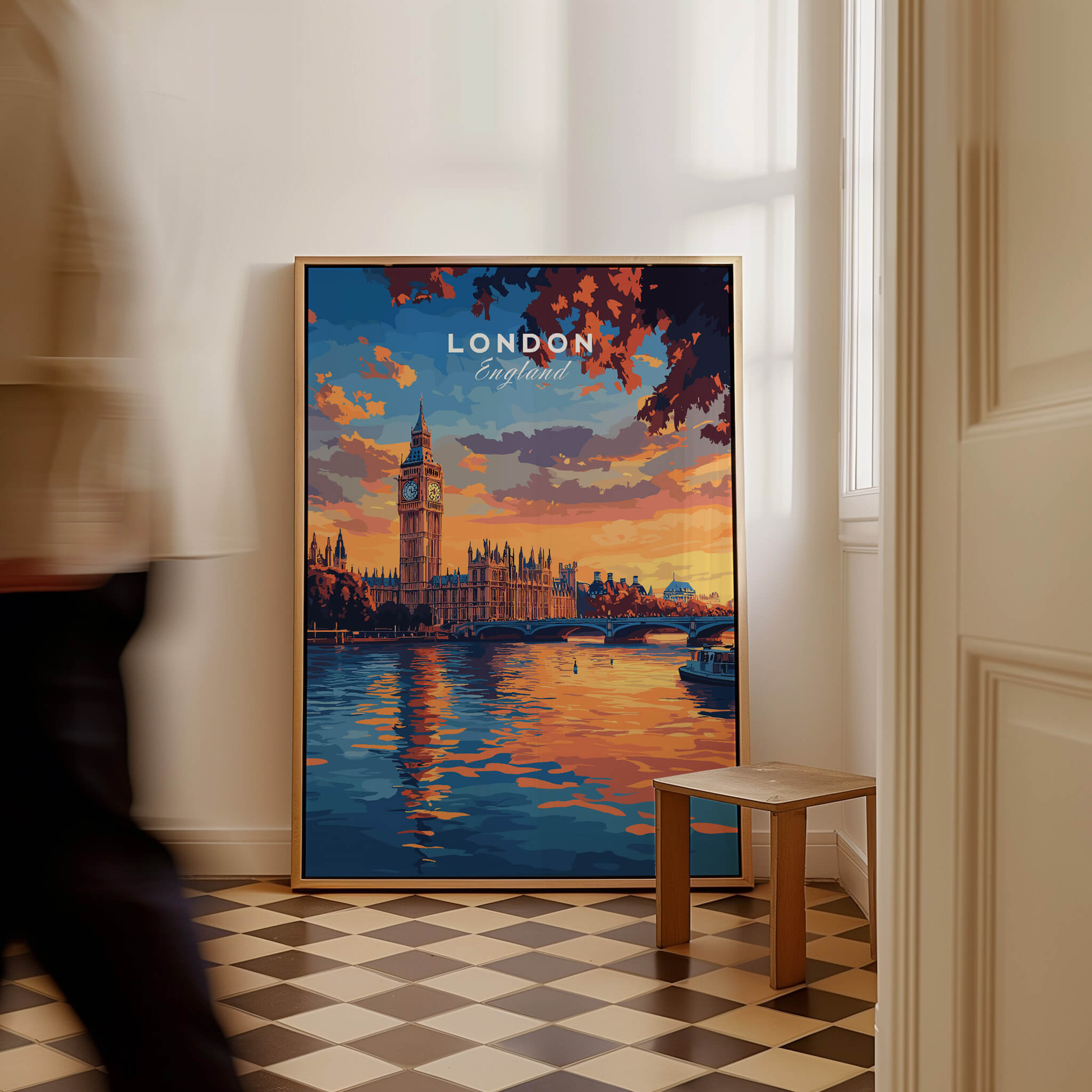 Big Ben London Art Print | Westminster Palace Poster in vibrant sunset hues, enhancing home decor.