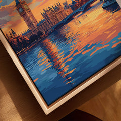 Big Ben London Art Print | Westminster Palace Poster showcasing vibrant sunset reflections on the Thames.