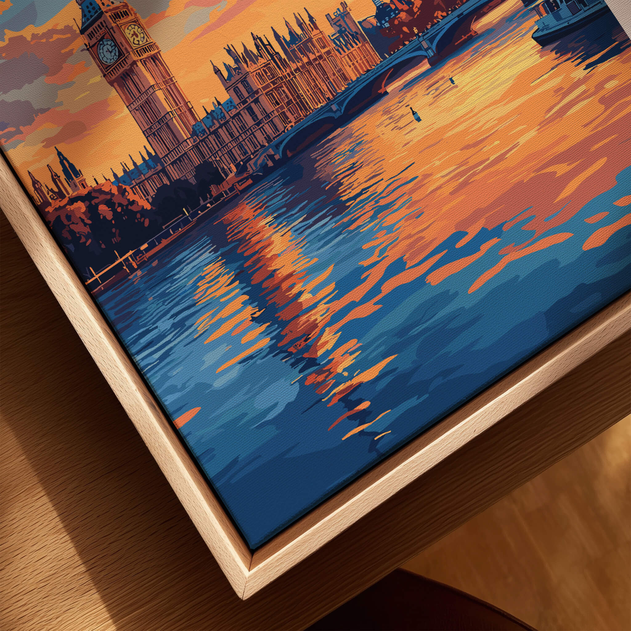 Big Ben London Art Print | Westminster Palace Poster showcasing vibrant sunset reflections on the Thames.