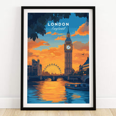 London Eye & Big Ben Poster | Thames River Skyline Art featuring Big Ben and the London Eye at sunset.