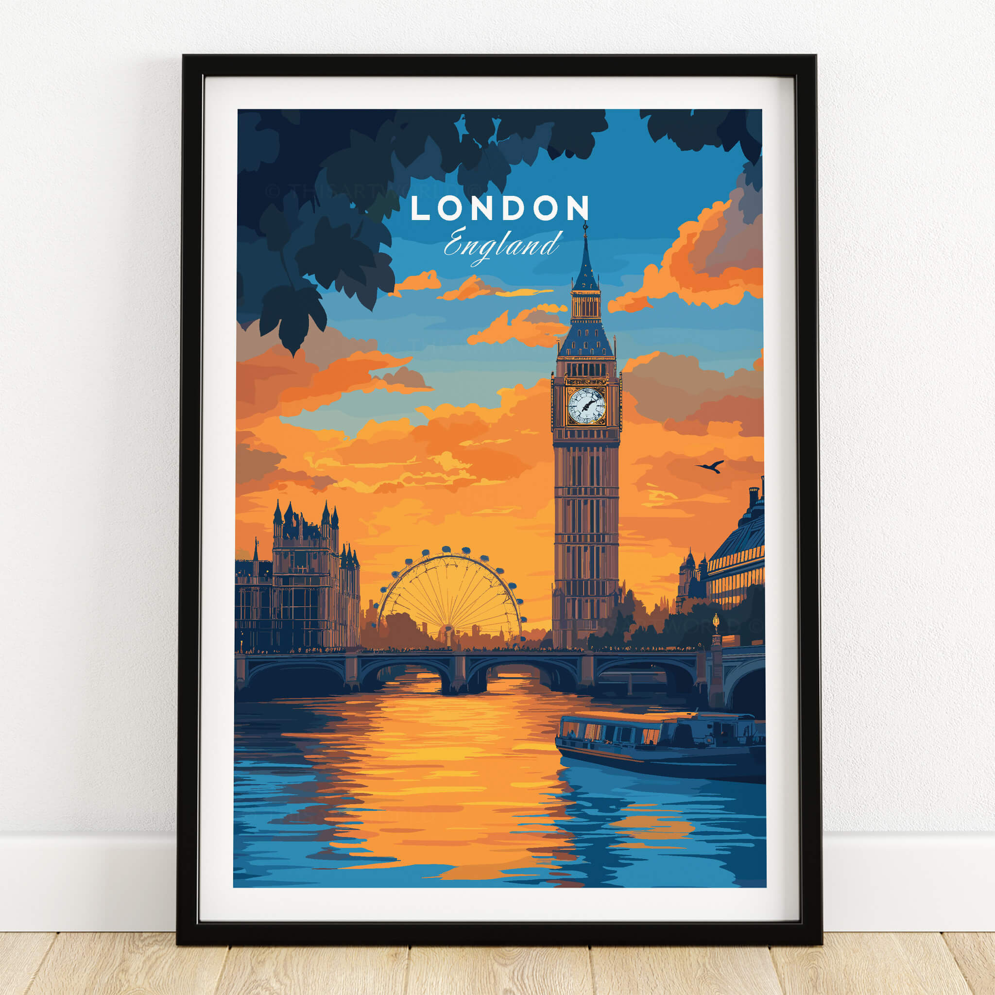 London Eye & Big Ben Poster | Thames River Skyline Art featuring Big Ben and the London Eye at sunset.