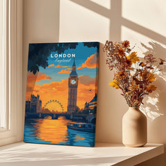 London Eye & Big Ben Poster | Thames River Skyline Art showcasing sunset view of London, including Big Ben and Thames River.