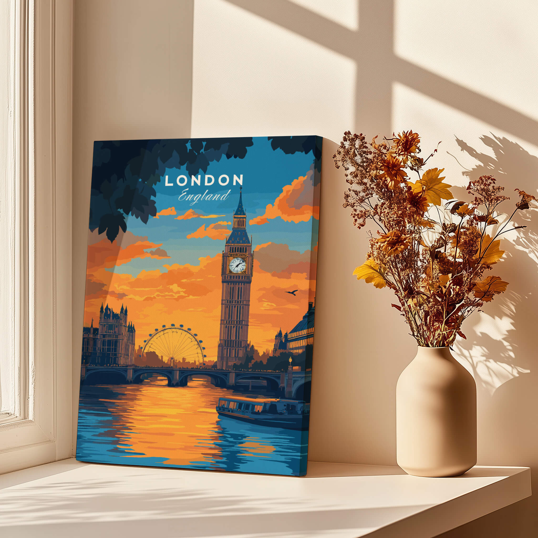 London Eye & Big Ben Poster | Thames River Skyline Art showcasing sunset view of London, including Big Ben and Thames River.