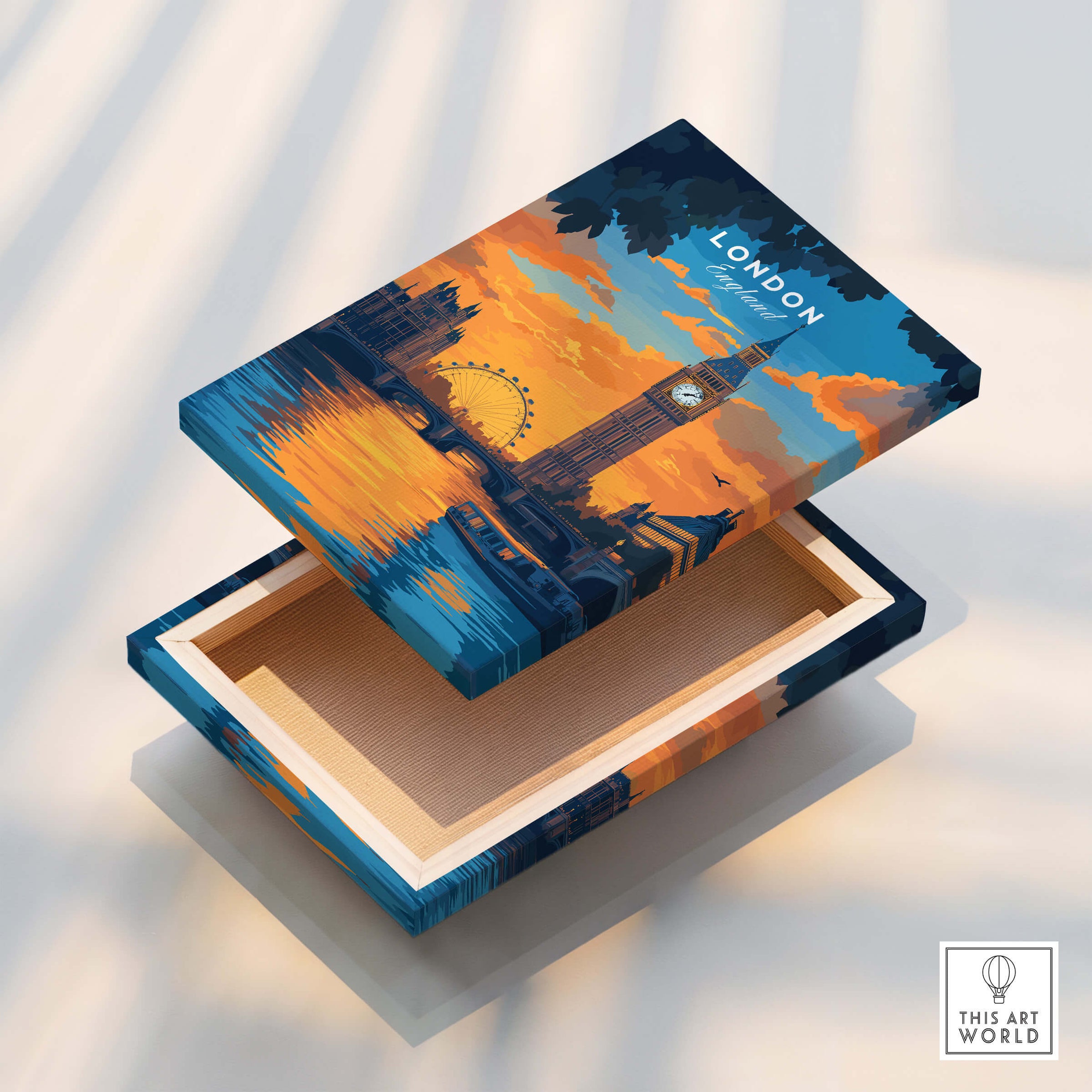 London Eye & Big Ben Poster | Thames River Skyline Art design on an open decorative box showcasing London skyline.