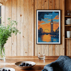 London Eye & Big Ben Poster | Thames River Skyline Art displayed in a cozy home setting with wooden accents.