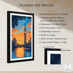 London Eye & Big Ben Poster | Thames River Skyline Art featuring stunning sunset colors and professional Giclée printing