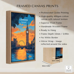London Eye & Big Ben Poster | Thames River Skyline Art displayed in a framed canvas print with a wooden frame.