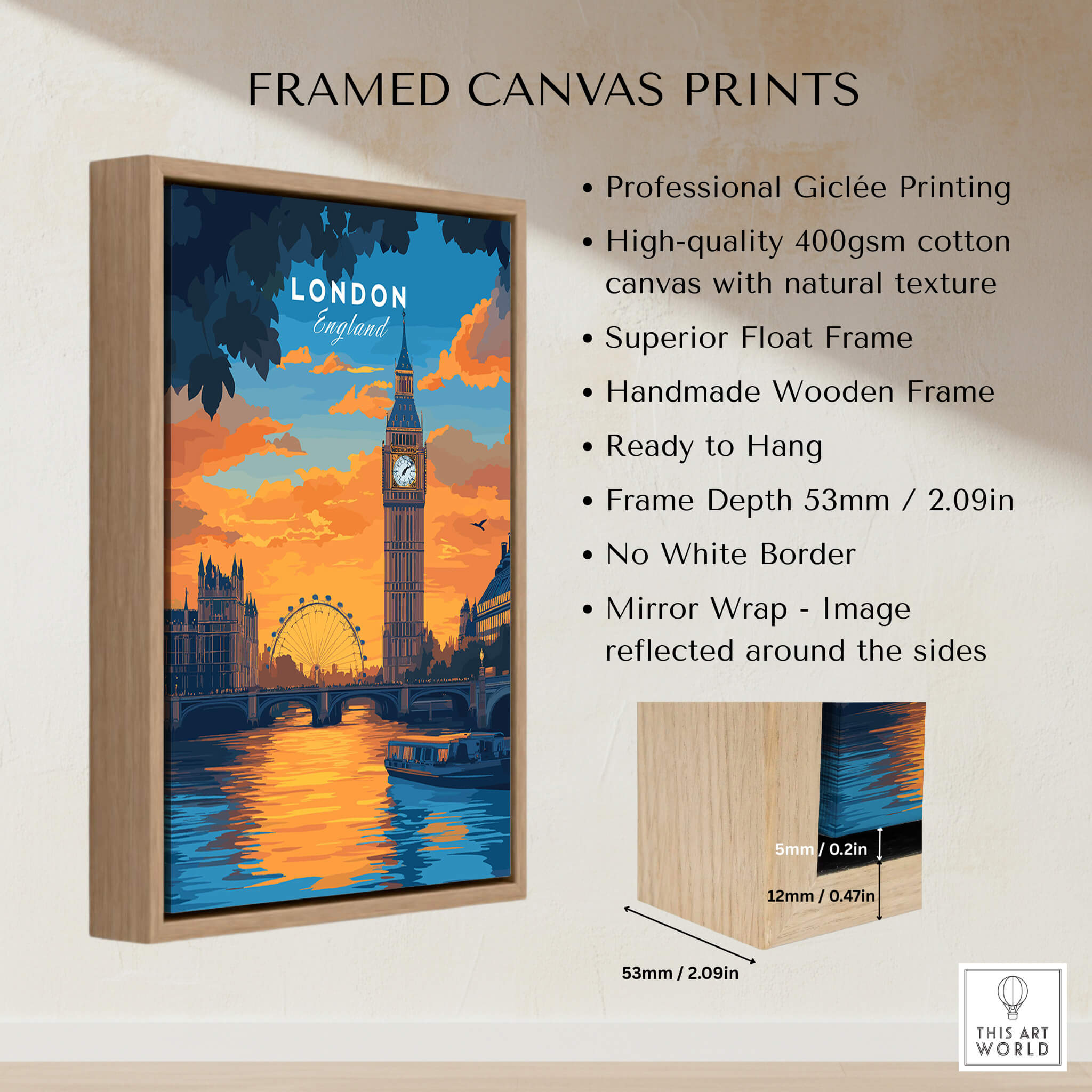 London Eye & Big Ben Poster | Thames River Skyline Art displayed in a framed canvas print with a wooden frame.