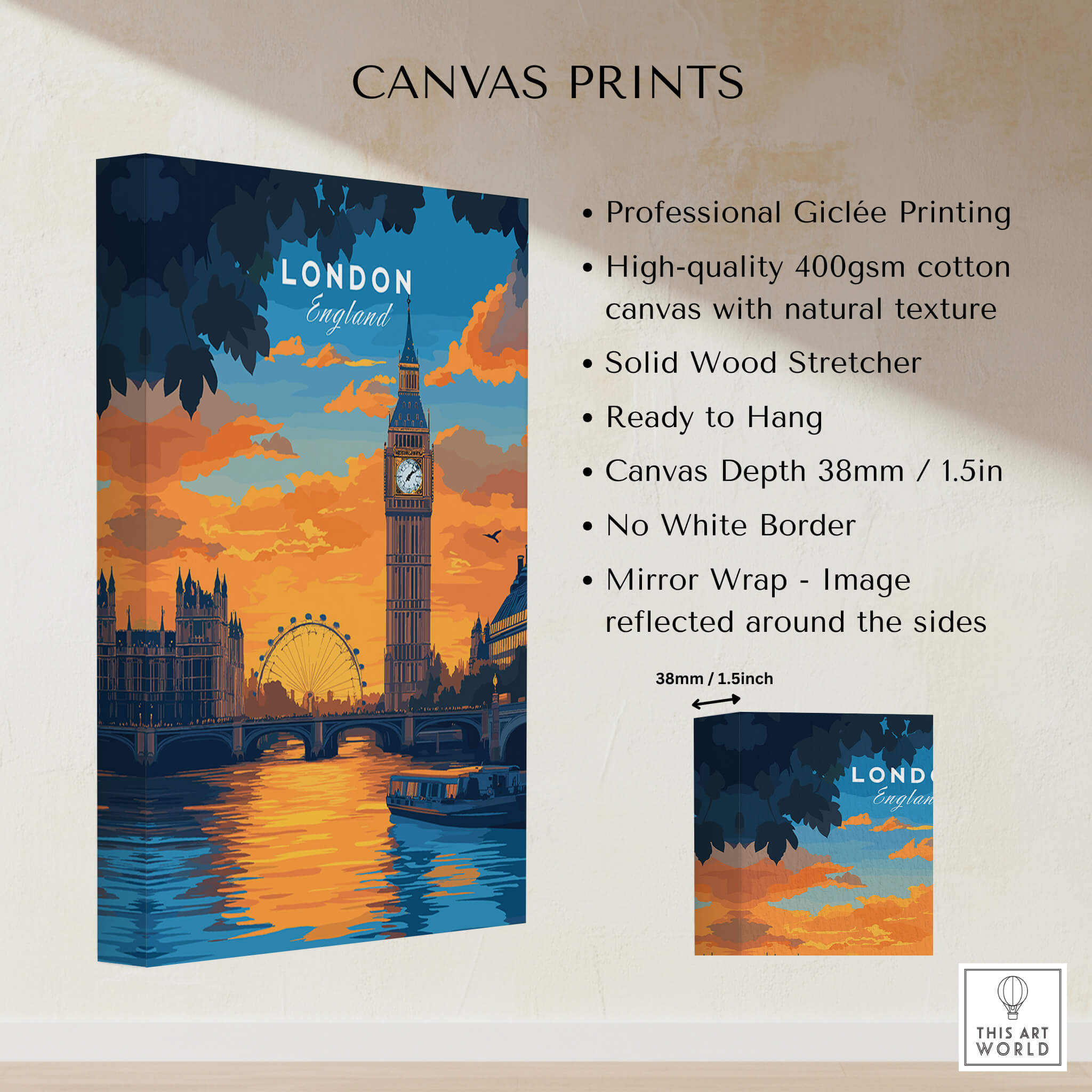 London Eye & Big Ben Poster | Thames River Skyline Art showcasing vibrant sunset and iconic landmarks.