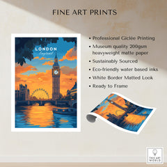 London Eye & Big Ben Poster | Thames River Skyline Art showcasing a vibrant sunset over the Thames River.