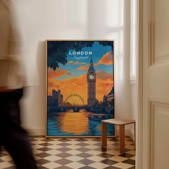 London Eye & Big Ben Poster | Thames River Skyline Art featuring vibrant sunset and iconic London landmarks.