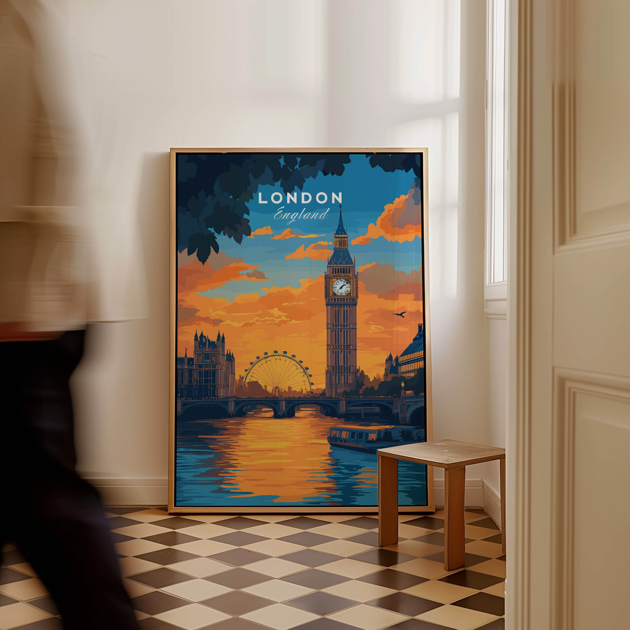 London Eye & Big Ben Poster | Thames River Skyline Art featuring vibrant sunset and iconic London landmarks.