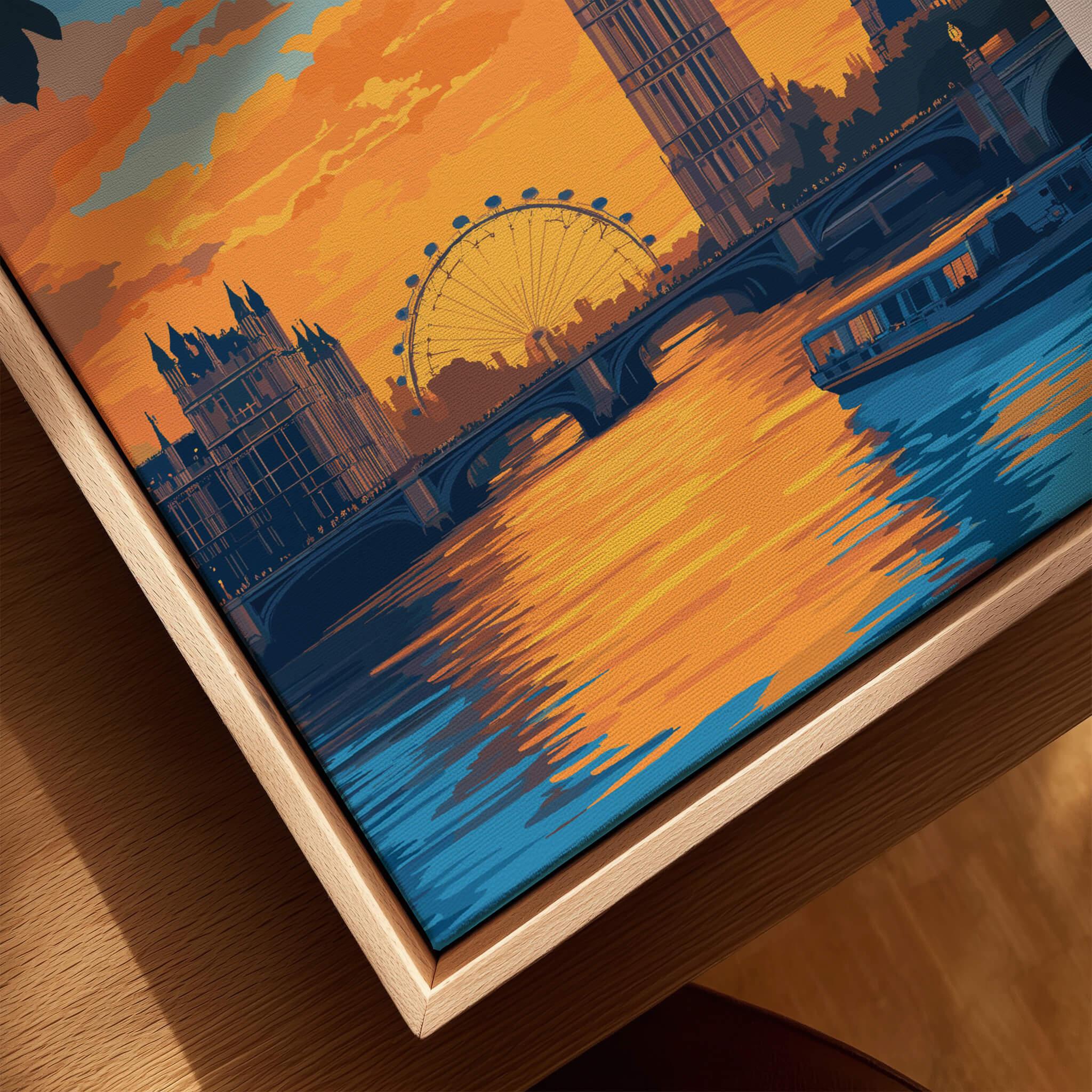 London Eye & Big Ben Poster | Thames River Skyline Art featuring vibrant sunset colors and reflections on water.