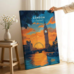 London Eye & Big Ben Poster | Thames River Skyline Art showcasing vibrant sunset over London.