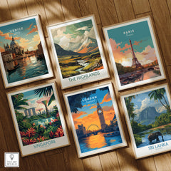 London Eye & Big Ben Poster | Thames River Skyline Art featuring various iconic cityscape illustrations