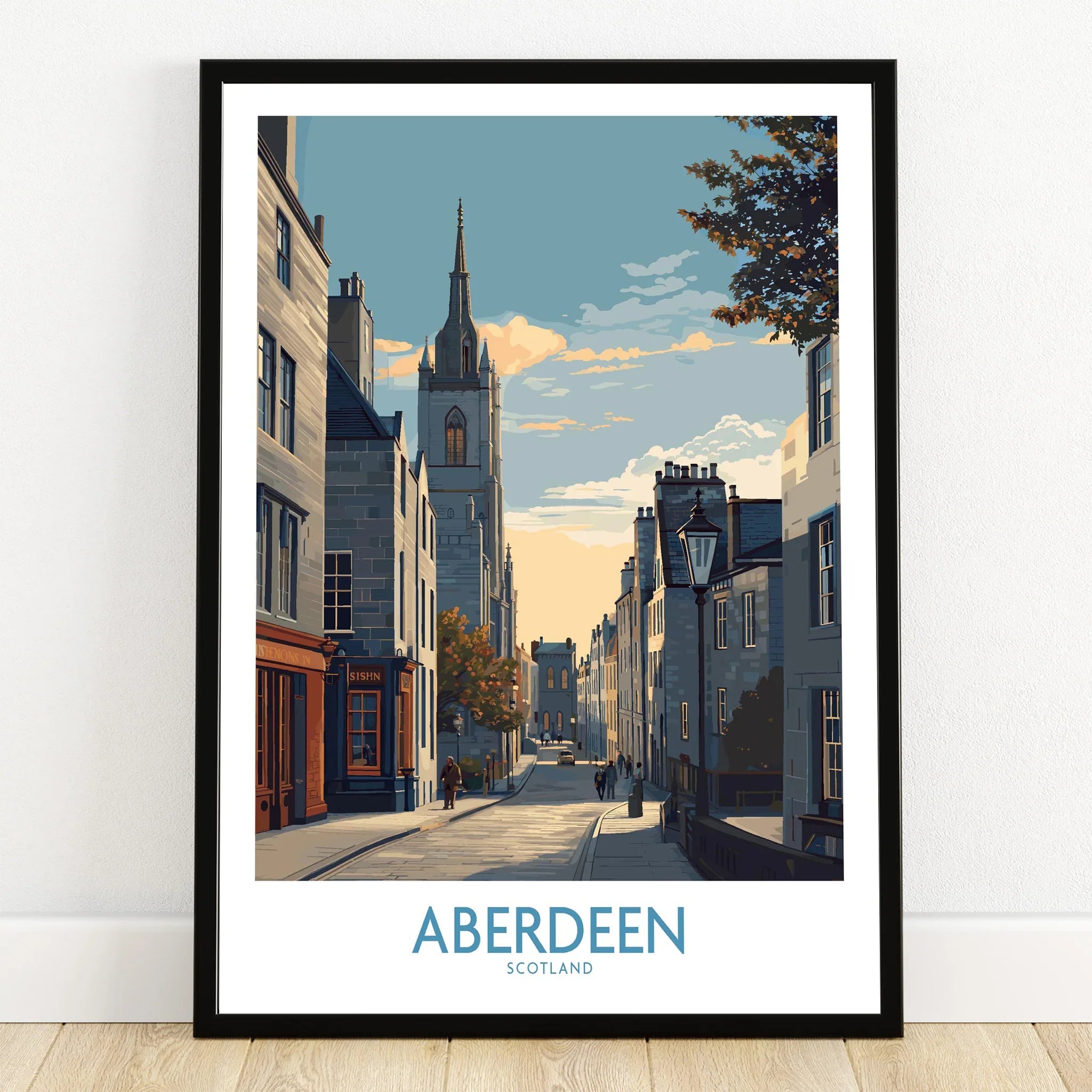 Aberdeen Scotland travel poster art print featuring historic street scene with church spire, ideal wall decor