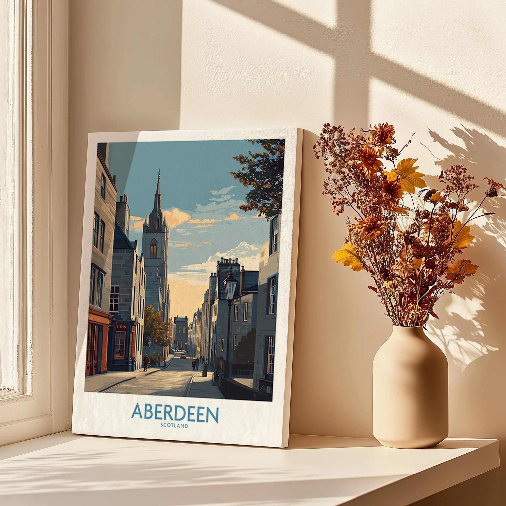 Aberdeen Scotland travel poster print on canvas, featuring city skyline and historic streets, perfect wall art decor.