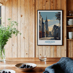 Aberdeen Scotland travel poster wall art featuring city skyline and historic street scene, perfect for home decor.