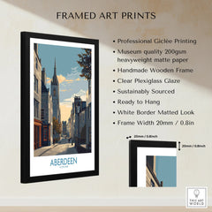 Framed Aberdeen Scotland travel poster wall art with black frame and white mat, perfect for home decor.