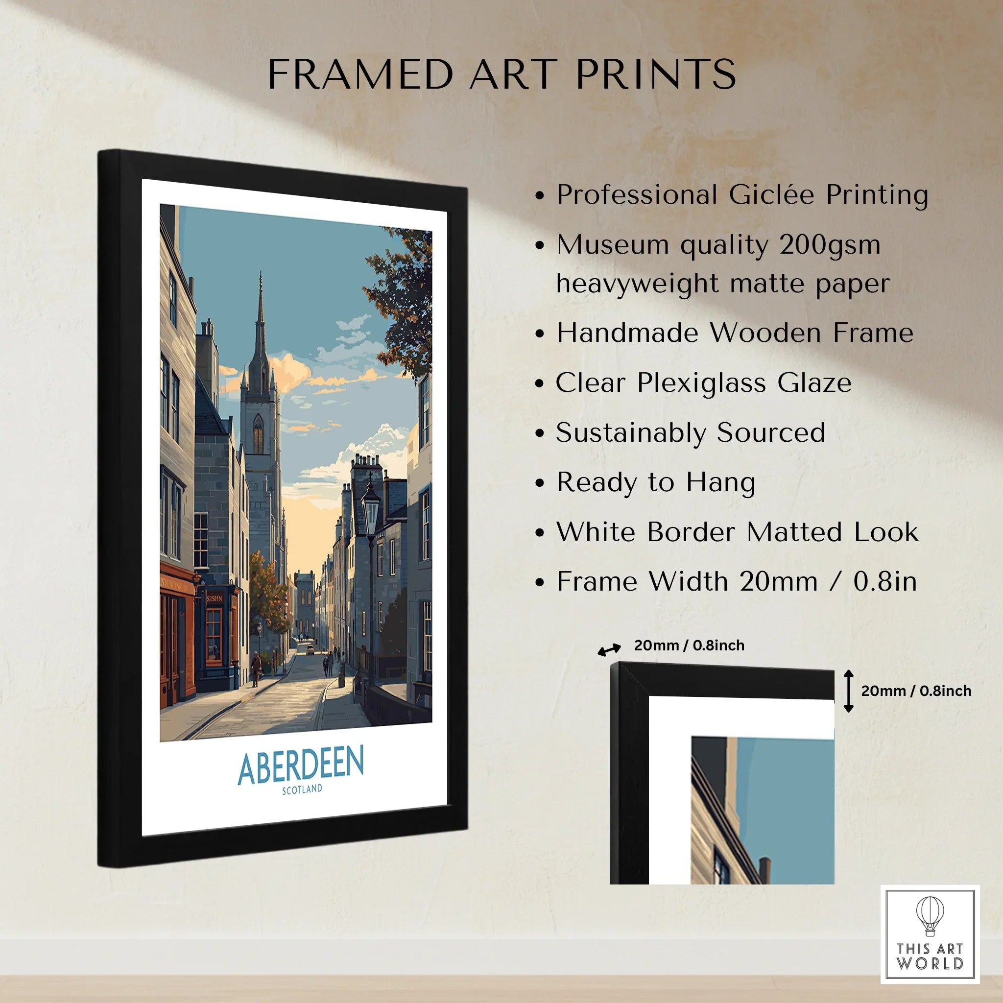 Framed Aberdeen Scotland travel poster wall art with black frame and white mat, perfect for home decor.